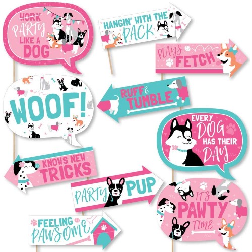 Funny Pawty Like a Puppy Girl Pink Dog Baby Shower or Birthday Party Photo Booth Props Kit 10 Piece