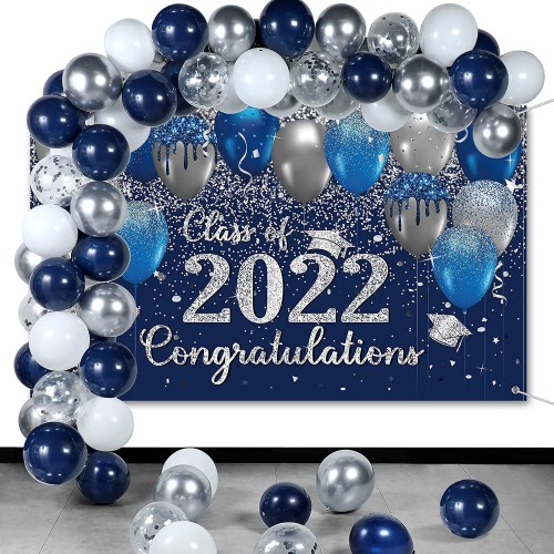 Graduation Backdrop Decoration Set Class of 2022 Glitter Graduation Photography Background Latex Balloon Congrats Grad Backdrop Banner for Grad Theme Party Photo Booth Props Decor Blue and Silver