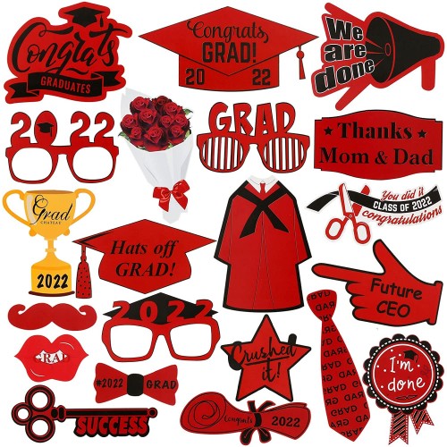 Graduation Photo Booth Props 2022 Red Grad Photo Props 2022 for Red and Black Graduation Party Decorations 2022 2022 Grad Photo Booth Props Kit Pack of 21