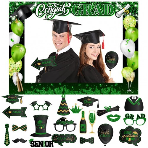Graduation Photo Booth Props-Class of 2022 Graduation Party Decoration,Congrats Grad Booth Frame and Green Grad Photo Props with Sticks for Boys Girls Graduation Party Favors Supplies Decoration