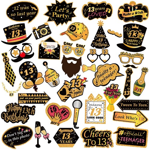 Happy 13th Birthday Party Photo Booth Props. 39 Piece Black and Gold Selfie Party Supply and Decoration. for Him Happy Birthday Party Favors Supplies Funny Decorations
