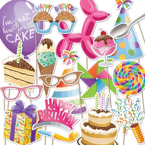 Happy Birthday Party Photo Booth Props | 18 piece set by Paper and Cake | Balloon Animal Cake Ice Cream Candles and more | Great for Kids Birthday Parties and Events