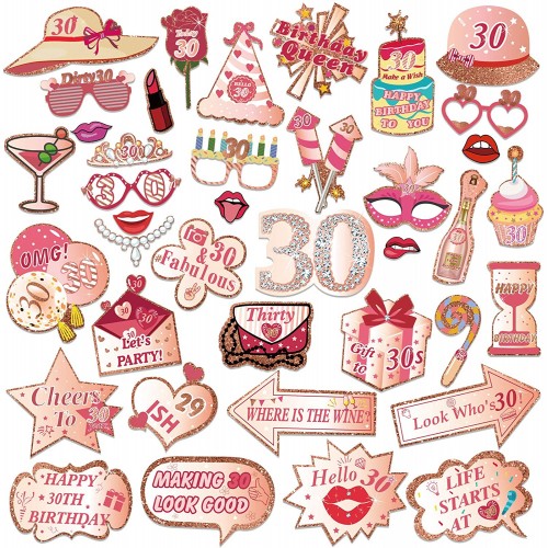 HOWAF 30th Birthday Party Photo Booth Props. 39 Piece Set of Pink Rose Gold Selfie Party Supply and Decoration. For Her Birthday Party Favors Supplies Funny Decorations