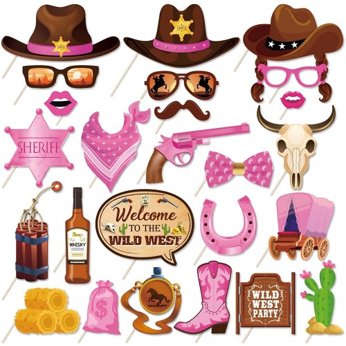 Kristin Paradise 25Pcs Western Cowgirl Photo Booth Props with Stick Rodeo Theme Selfie Props Texas Country Birthday Party Supplies Wild West Photography Backdrop Decorations