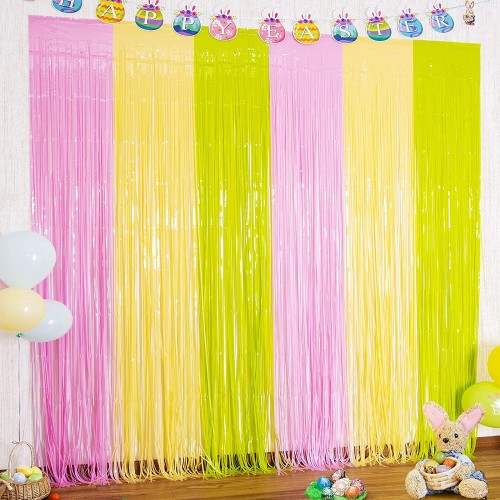LOLStar 3 Pack Easter Foil Fringe Curtains Easter Party Decorations 3.3x8.2 ft Pink Yellow and Green Tinsel Curtains Photo Booth Prop Streamer Pastel Backdrop for Home School Decor Easter Decorations
