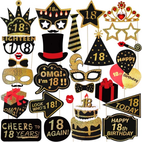 LUOEM Happy Birthday Props for 18th Birthday Party Photo Booth Props Glitter 18 Birthday Party Accessories Supplies for Photo Booth Parties Pack of 29
