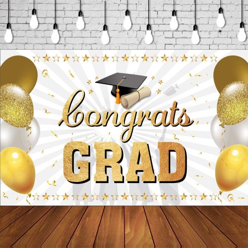Mocossmy 2022 Graduation Background Banner,Extra Large White and Gold Congrats Grad Background Poster Sign Photo Booth Props Backdrop for Indoor Outdoor Graduation Party Supplies Favors Decoration