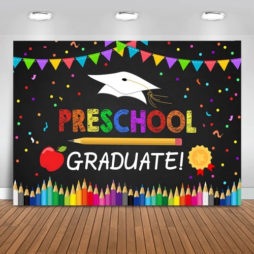Mocsicka Preschool Graduate Backdrop for Kids Kindergarten Class of 2022 Graduation Party Background Congrats Grad Prom Party Decoration Banner Photo Booth Props 10x7ft Black
