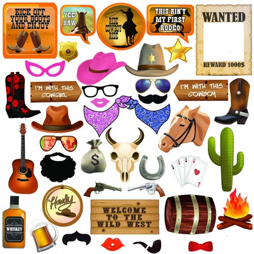 Western Cowboy Photo Booth Props. Ultimate Wild West Party Decorations. 42 Texas Theme Photo Props with Wanted Sign. Complete with Glue Dots and Bamboo Sticks by Scapa Pro