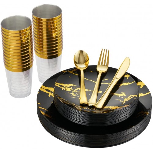 150PCS Marbling Plastic Dinnerware sets Disposable Black and Gold Plates Include 25 Dinner Plates,25 Dessert Plates,25 Forks,25 Knives,25 Spoons,25 Cups for Weddings and Parties Mother's Day