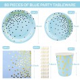 20 Guest Blue with Gold Dot Party Plates Kids Birthday Party Disposable Paper Tableware Paper Plates Cup Napkin Straw Set for Tea Party Baby Shower Luncheon Thanksgiving