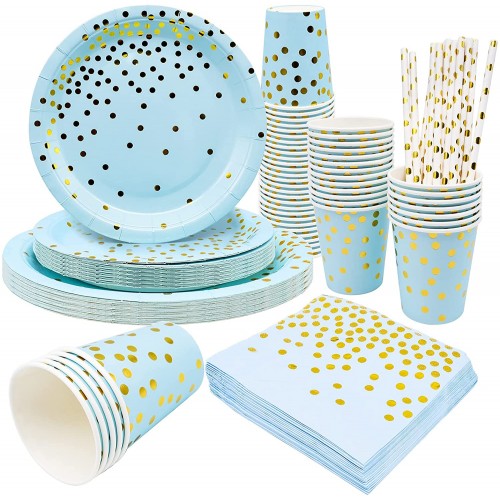20 Guest Blue with Gold Dot Party Plates Kids Birthday Party Disposable Paper Tableware Paper Plates Cup Napkin Straw Set for Tea Party Baby Shower Luncheon Thanksgiving