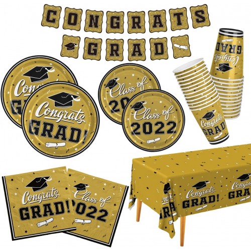 2022 Graduation Party Supplies Gold Graduation Party Dinnerware Set Disposable Paper Plates Napkins Cups Tablecloth Banner for Congrats Grad Party Decorations Serve 25
