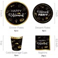 44 PCS Black and Gold Party Supplies Tableware Set Includes Plates Napkins Cups for Happy Retirement Celebration Decorations