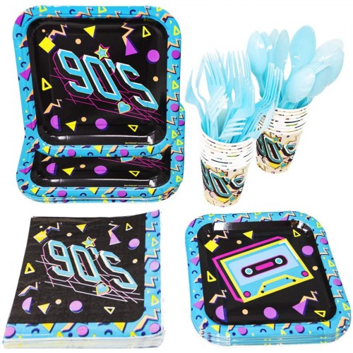 90s Party Supplies For 16 Guests Neon Retro Party Plates 90s Theme Party Decorations for Adults 90s Birthday Decorations Party Supplies Napkins 90s Cups Forks Spoons Tableware Blue Orchards