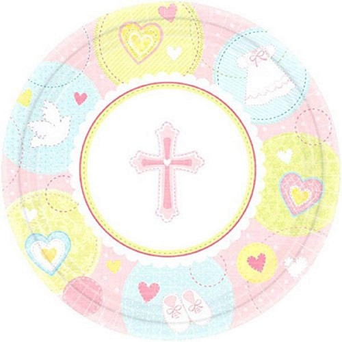 Amscan Sweet Christening Pink Round Luncheon Plates 8 Ct. | Party Tableware