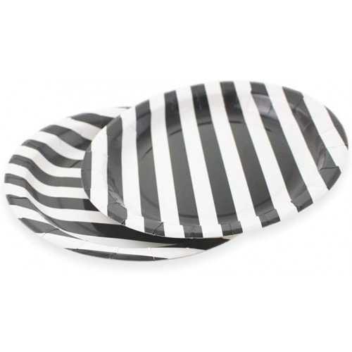 Black Striped Paper Plates 72pcs 9inch Round Party Plates for Dessert Cakes Fruits