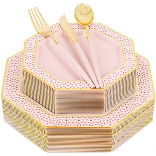 BZGWECD 125 Pcs of Disposable Party Tableware Octagonal Pink Plastic Tableware Set Wedding Baby Baptism and Birthday Party Decoration Color : 125pcs