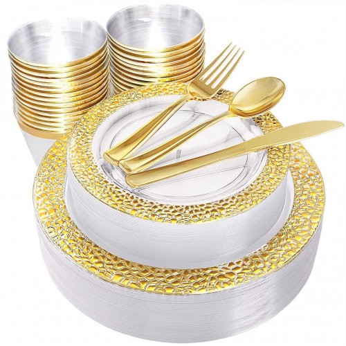 BZGWECD Disposable Party Tableware Plastic Plate with Silverware Set Suitable for Wedding Party Tableware Supplies for 10 People Color : Gold 50pcs