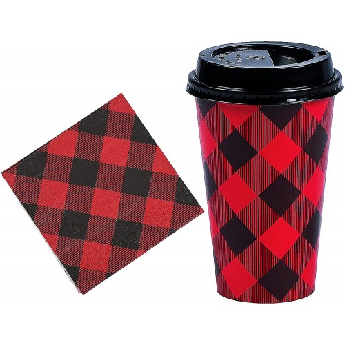 Christmas Buffalo Plaid Coffee Cups with Lids Pack of 12 16 oz with Napkins 16 Pcs Insulated Paper Cups for Christmas Hot Cocoa Party Supplies Hot Chocolate Bar by 4E's Novelty