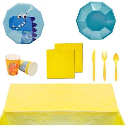 Dinosaur Tableware Birthday Party Supplies Set Serves 16 Guests-Paper Plates,Cups,Napkins,Table Cover,Yellow Cutlery Kits-Kids Dino Roar Boys Party Decoration