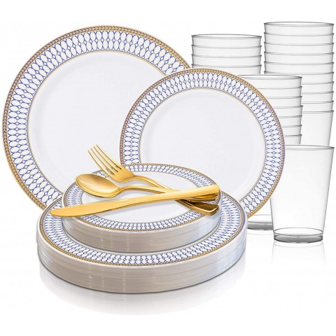 Disposable Plastic Dinnerware Wedding Value Set for 120 Guests Fancy Round White with Blue & Gold Dinner Plates Dessert Salad Plates Gold Silverware Set & Cups For Birthday Party & Other Occasions