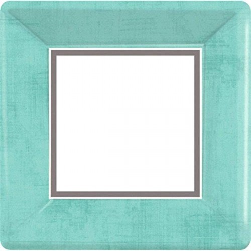 Durable Turquoise and Gray Solid Border Square Dinner Plates Party Tableware Paper 10" x 10" Pack of 18