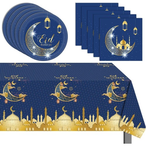 Eid Ramadan Mubarak Tableware Set Includes Plates Napkins Table Cover Purple and Gold Star Moon Tablecloth Perfect for Eid Ramadan Party Dining Decoration Supplies