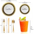 Elegant Disposable Plastic Dinnerware Set for 120 Guests Fancy White with Black & Gold Royal Rim Dinner Plates Dessert Salad Plates Silverware Set & Cups For Wedding Birthday Party & All Occasion