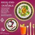 Elegant Disposable Plastic Dinnerware Set for 120 Guests Fancy White with Black & Gold Royal Rim Dinner Plates Dessert Salad Plates Silverware Set & Cups For Wedding Birthday Party & All Occasion