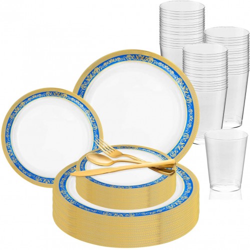 Elegant Disposable Plastic Dinnerware Set for 120 Guests Fancy White with Blue & Gold Royal Rim Dinner Plates Dessert Salad Plates Silverware Set & Cups For Wedding Birthday Party & All Occasions