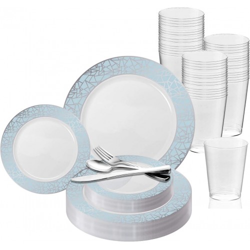 Elegant Disposable Plastic Dinnerware Set for 120 Guests Fancy White with Blue & Silver Mosaic Dinner Plates Dessert Salad Plates Silverware Set & Cups For Wedding Birthday Party & All Occasions