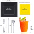 Elegant Disposable Plastic Dinnerware Set for 40 Guests Heavy Duty Fancy 9.5" Square Black Dinner Plates 6.5" Yellow Dessert Plates Silverware Set & Party Cups For Wedding Birthday All Occasions