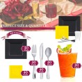 Elegant Disposable Plastic Dinnerware Set for 40 Guests Heavy Duty Fancy 9.5" Square Black Dinner Plates 6.5" Yellow Dessert Plates Silverware Set & Party Cups For Wedding Birthday All Occasions