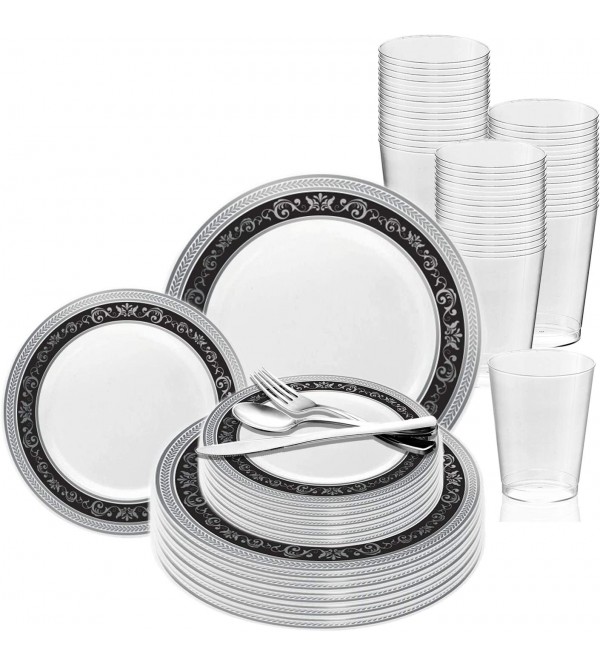 Elegant Disposable Plastic Dinnerware Set for 60 Guests Fancy White with Black & Silver Royal Dinner Plates Dessert Salad Plates Silverware Set & Cups For Wedding Birthday Party & All Occasions