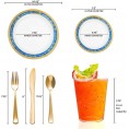 Elegant Disposable Plastic Dinnerware Set for 60 Guests Fancy White with Blue & Gold Royal Rim Dinner Plates Dessert Salad Plates Silverware Set & Cups For Wedding Birthday Party & All Occasions