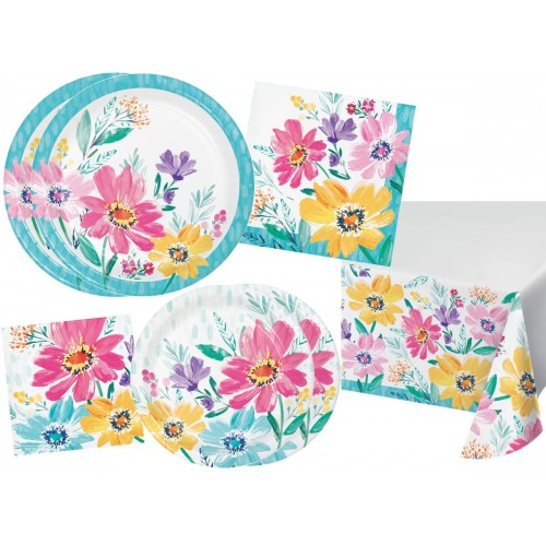 Floral Spring Party Supplies Tableware Pack | Flower Fields Disposable Dinnerware Set Includes Paper Plates Napkins and Table Cover for 16 Guests 65 Total Pieces