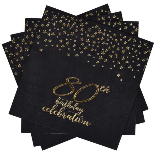Gatherfun 80th Birthday Napkin Disposable Paper Napkins Black and Gold Party Decorations Tableware for Men Woman 80 Birthday Party（6.5X6.5in 3-Ply 50-Pack
