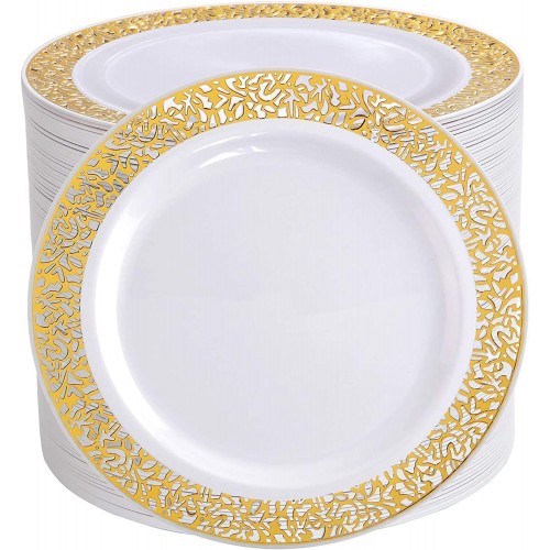 I00000 102 Pieces Gold Lunch Plates 9” Plastic Disposable Plates with Lace Design Plastic Gold and White Plates
