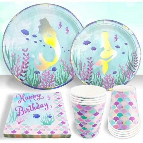 Mermaid Birthday Party Tableware Supplies Set Kit | Iridescent Turquoise Plates Cups Napkins | Serves 16