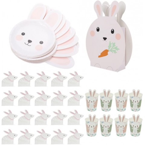 NUOBESTY 1 Set Easter Party Supplies Tableware Lovely Easter Bunny Rabbit Disposable Paper Plates Napkins Cups Handbag for Spring Baby Shower Baby Shower Party Dinnerware