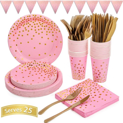 Pink and Gold Party Supplies 150PCS Golden Dot Paper Party Dinnerware Includes Paper Plates Napkins Knives Forks 12oz Cups Banner for Bachelorette Girl Birthday Baby Shower Serves 25