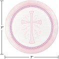 Pink Cross Devotion Religious Party Supplies Disposable Tableware Kit Communion Baptism Bundle Includes Plates Napkins and Table Cover for 16 Guests