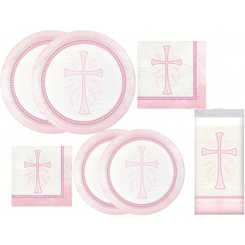 Pink Cross Devotion Religious Party Supplies Disposable Tableware Kit Communion Baptism Bundle Includes Plates Napkins and Table Cover for 16 Guests