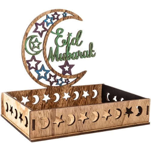 Ramadan Tray Square Wooden Rustic Crescent Moon Star Eid Mubarak Party Tableware Dessert Plates Display Holder Table Decoration Food Serving Tray for Pastry Cupcake Biscuit Snack