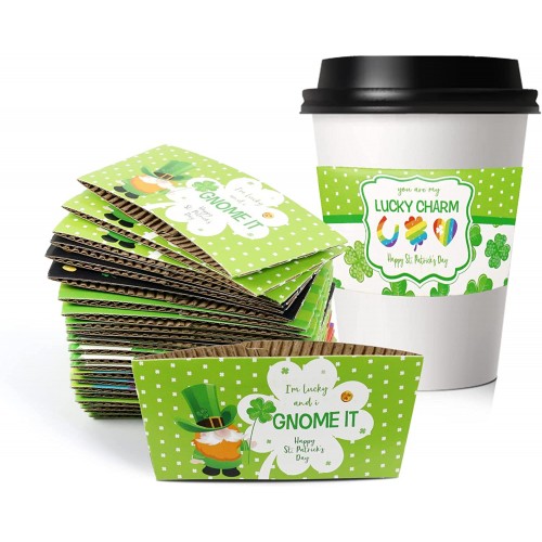 St.patrick's Day Coffee Cup Tea Cup Sleeves 24 Pcs Lucky Irish Party Decorations Supplies Shamrock Clover Leprechaun Triple Sign Disposable Double-Layer Cup Kraft Jacket for Hot Cold Beverage