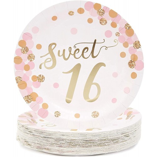 Sweet 16 Paper Plates for 16th Birthday Party 9 In 48 Pack