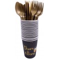 TENDYCOCO 80th Birthday Party Tableware Set Paper Plates Napkins Cups Forks Knives and Spoons Banner Table Cover Black Gold Party Supplies