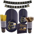 TENDYCOCO 80th Birthday Party Tableware Set Paper Plates Napkins Cups Forks Knives and Spoons Banner Table Cover Black Gold Party Supplies