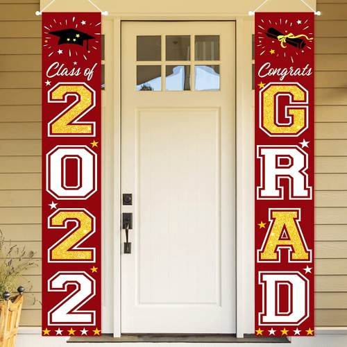 V-Opitos 2022 Graduation Banner Decorations Class of 2022 Congrats Grad Porch Signs for Door Decor Red & Gold College High School Graduations Party Decorations